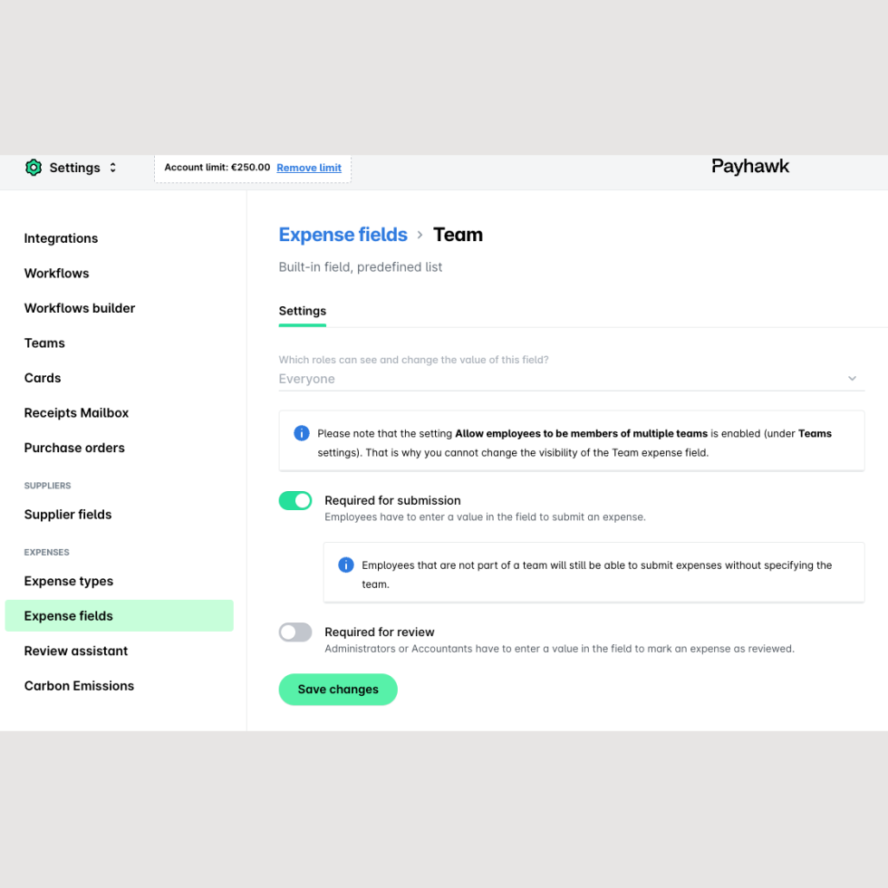 Payhawk's Mandatory team field toggle - streamlined management of corporate expenses